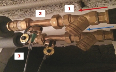 Obr. 1 Zostava meracieho systému umiestnená v bytovom dome: 1 – filter, 2 – prietokomer, 3 – pripojenie meracieho zariadenia