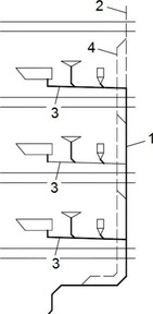 Obr. 1 Odpadové potrubie b – s doplnkovým vetracím potrubím. 1 – odpadové potrubie, 2 – hlavné vetracie potrubie, 3 – pripájacie potrubie, 4 – doplnkové vetracie potrubie [5]