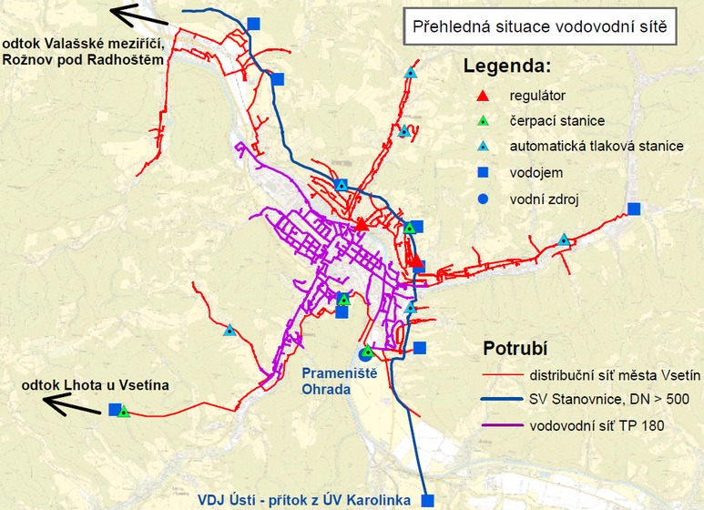 Obr. 2 Vodovodní síť města Vsetín – simulační model vodovodu