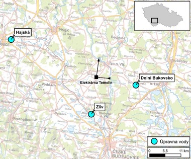 Obr. 1 Mapa sledovaných úpraven pitných vod a čistíren odpadních vod v okolí JE Temelín