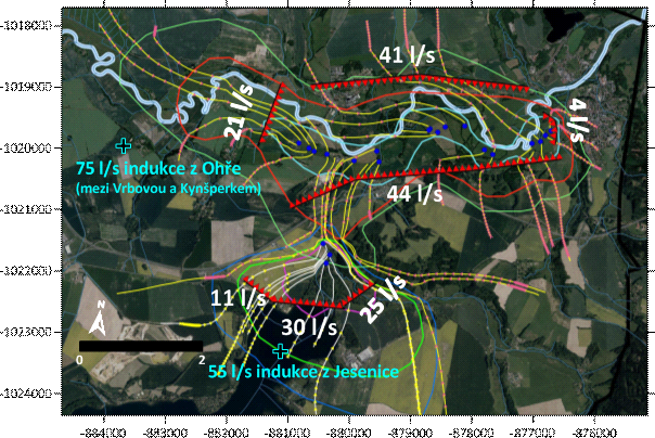 Obr. 5 Modelové přítoky podzemní vody vyčíslené pro jímací území Nebanice I a Nebanice II