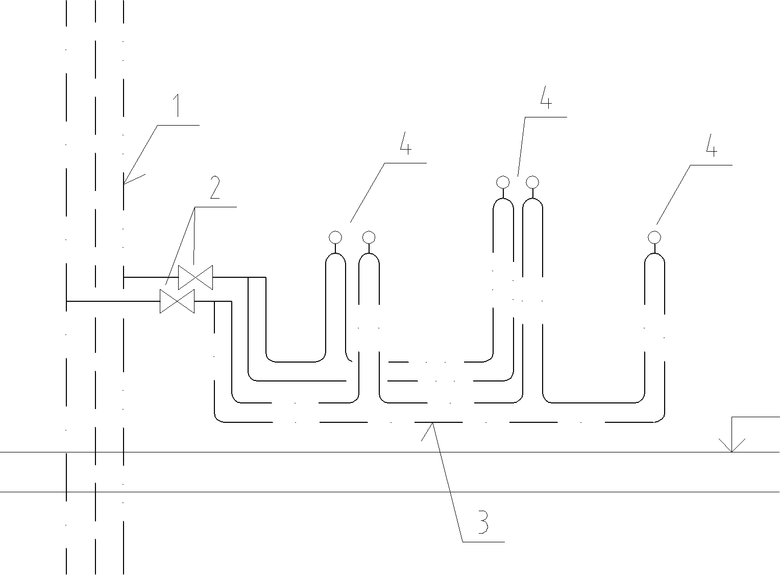 Obrázek 5 – Zokruhované připojovací potrubí studené a teplé vody [ČSN EN 806-4]. 1 – stoupací potrubí, 2 – uzávěr, 3 – podlažní rozvodné potrubí, 4 – napojení výtokových armatur (nástěnky)