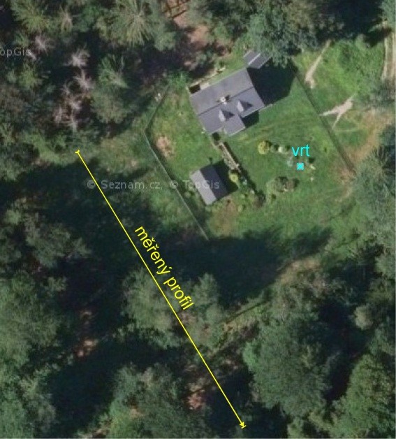 Obr. 3: Situace profilu kolem vrtu v obci Krompach. Kontakt v mst vrtu oven sond.