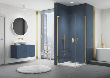 Sprchový kout CADURA GOLD LINE – rohový vstup s křídlovými dveřmi, čiré sklo. Sprchová vanička ILA.