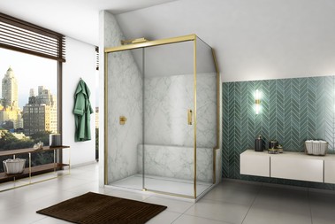 Sprchový kout CADURA GOLD LINE – jednodílné posuvné dveře s pevnou stěnou v rovině, boční stěna s výřezem a zkosením, zlatá lesklá barva, čiré sklo. Sprchová vanička ILA.