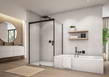 Sprchový kout CADURA BLACK LINE – jednodílné posuvné dveře s pevnou stěnou v rovině a zkrácenou boční stěnou – s napojením na vanu, černá matná barva, čiré sklo. Sprchová vanička LIVADA.