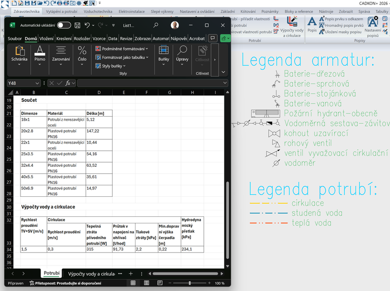 Legenda potrub, koncovch prvk, armatur a vkaz materilu v programu MS Excel.