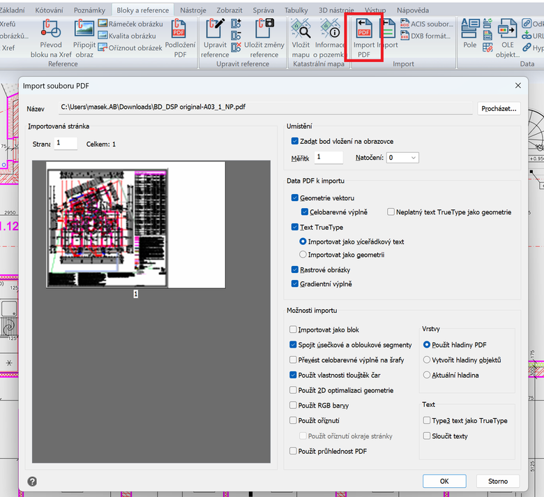 Monost importu vektorovho PDF do DWG formtu.