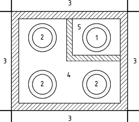 Obr.&nbsp;4 Potrubia pitnej vody v&nbsp;inštalačnej šachte. 1&nbsp;–&nbsp;potrubie pitnej vody, 2&nbsp;–&nbsp;teplovodné potrubie, 3&nbsp;–&nbsp;miestnosť, 4&nbsp;–&nbsp;inštalačná šachta, 5&nbsp;–&nbsp;oddelená „studená“ šachta&nbsp;[4]