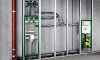 Obr.&nbsp;8 Príklad optimalizácie pripojenia studenej vody a teplej vody s&nbsp;cirkuláciou pre nástennú armatúru: studená voda s&nbsp;prietokovou dvojitou nástenkou, teplá voda ako krátka odbočka&nbsp;[9]