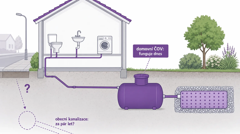 Ilustrační vizualizace. Domovní čistírna funguje dnes, obecní stoka je zatím v plánu. Ilustrační vizualizace. Domovní čistírna funguje dnes, obecní stoka je zatím v plánu.