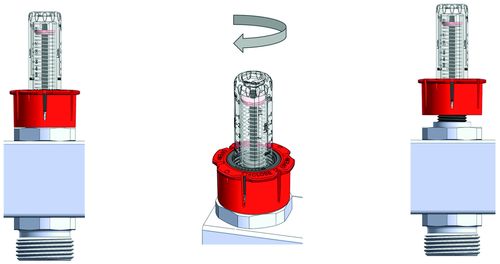 Pod ervenm krytem se u vyrovnvacho ventilu TopMeter Plus skrv dorazov krouek, pomoc nho se zajiuje nastaven objemov proud proti pestaven. 